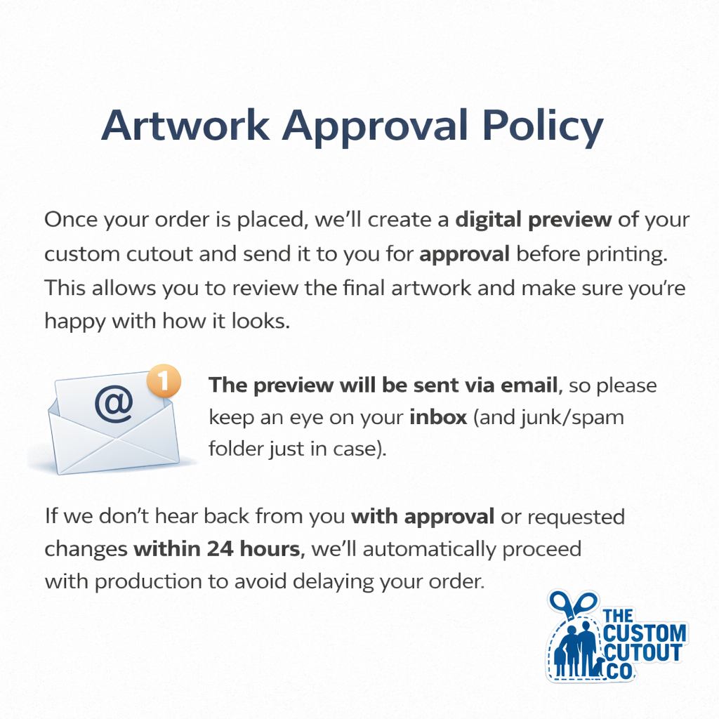 Artwork Approval Policy text with email icon and The Custom Cutout Co logo on a white background