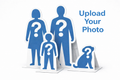 Blue silhouette cutouts of a family with a dog, each holding a question mark, on a white background with text 'Upload Your Photo'.